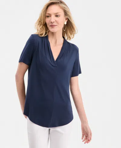 Jm Collection Women's Solid Short-sleeve V-neck Knit Top, Macy's Exclusive In Blue