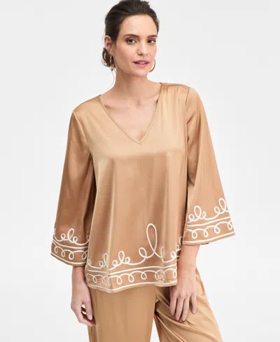 Jm Collection Women's Soutache-lace Satin V-neck Top, Macy's Exclusive In Brown