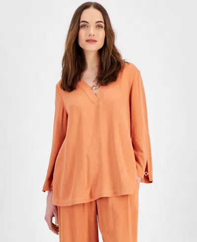 Jm Collection Women's Split-cuff Long-sleeve O-ring Top, Created For Macy's In Orange