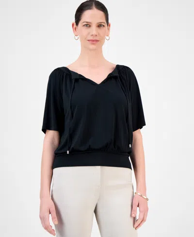 Jm Collection Women's Split-neck Banded Bottom Top, Exclusively At Macy's In Black