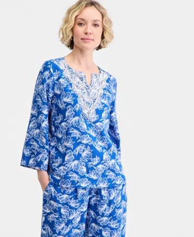 Jm Collection Women's Split-neck Beaded Linen-blend 3/4-sleeve Top, Macy's Exclusive In Blue