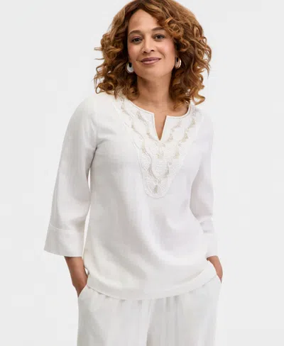 Jm Collection Women's Split-neck Beaded Linen-blend 3/4-sleeve Top, Macy's Exclusive In White