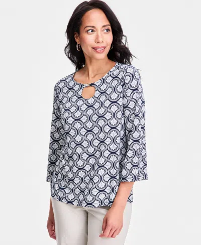 Jm Collection Women's Printed Keyhole-neck Split-sleeve Top, Macy's Exclusive In Blue