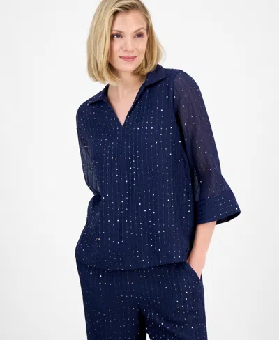 Jm Collection Women's Spread-collar Crinkle Sequin Top, Exclusively At Macy's In Blue