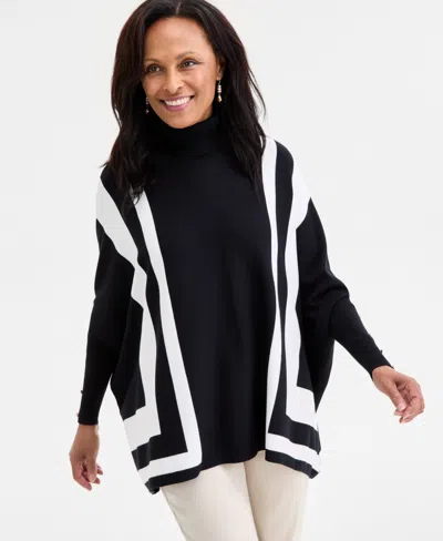 Jm Collection Women's Stripe Turtleneck Poncho Sweater, Macy's Exclusive In Black