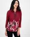Jm Collection Women's Trailing Paisley Lace-up Collared Top In Burgundy