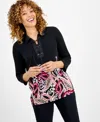 Jm Collection Women's Trailing Paisley Lace-up Collared Top In Black