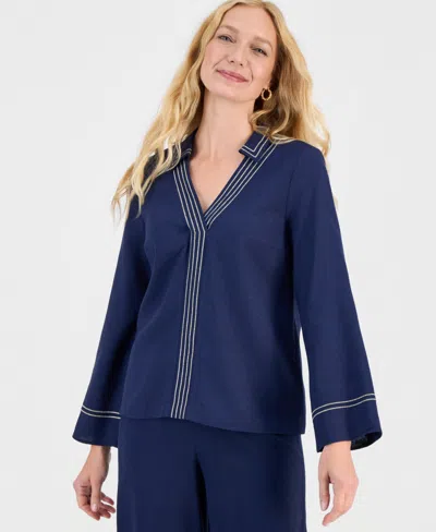 Jm Collection Women's Trapunto Stitch Collared Long-sleeve Top, Macy's Exclusive In Blue