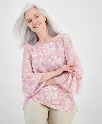 Jm Collection Women's Trop Toile Bell-sleeve Top, Created For Macy's In Pink Blush Combo