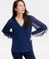 Jm Collection Women's Tulip-sleeve Mixed-media Top, Exclusively At Macy's
