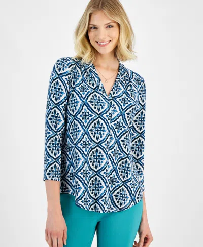 Jm Collection Women's V-neck Printed 3/4-sleeve Top, Created For Macy's In Artisan Blue Combo