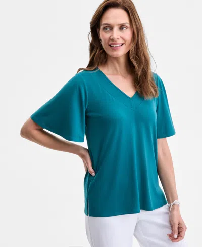 Jm Collection Women's V-neck Short Sleeve Knit Top, Exclusively At Macy's In Blue