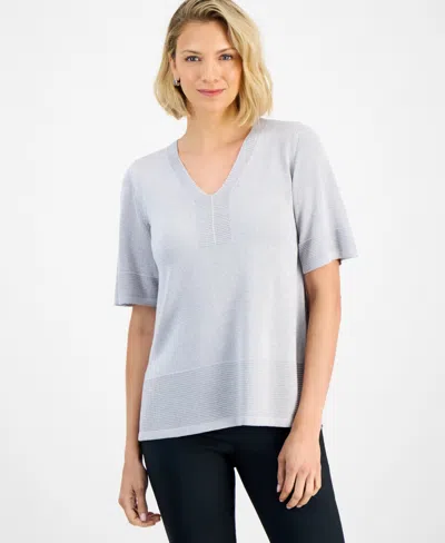 Jm Collection Women's V-neck Short-sleeve Lurex Shine Sweater, Exclusively At Macy's In Gray