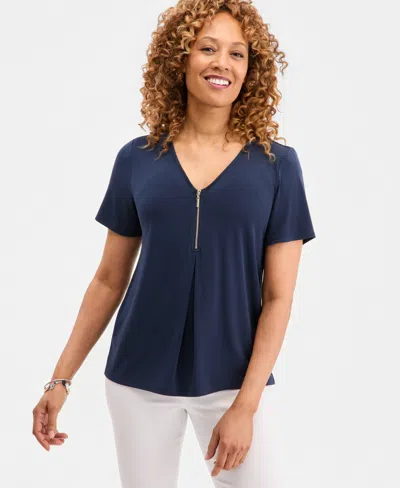 Jm Collection Womens V Neck Front Zip Pleated Top Macys Exclusive In Blue