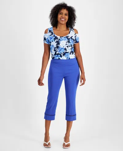Jm Collection Women's Woven Lace-trim Capri Pull-on Pants, Created For Macy's In Demure Blue
