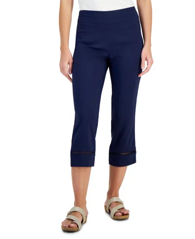 Jm Collection Women's Woven Lace-trim Capri Pull-on Pants, Created For Macy's In Intrepid Blue