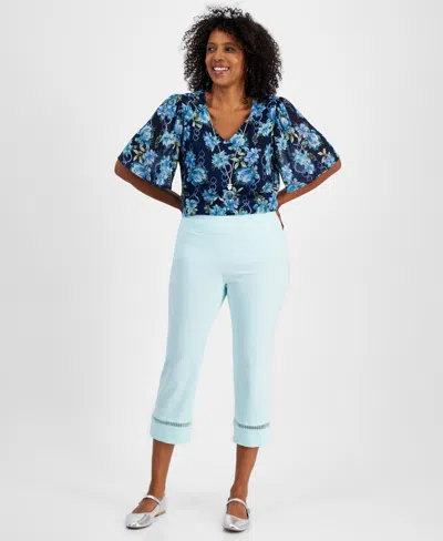 Jm Collection Women's Woven Lace-trim Capri Pull-on Pants, Created For Macy's In Mystic Aqua