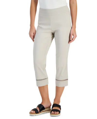Jm Collection Women's Woven Lace-trim Capri Pull-on Pants, Created For Macy's In Stonewall