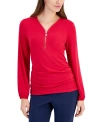 JM COLLECTION WOMEN'S ZIP V-NECK RUCHED FRONT TOP, CREATED FOR MACY'S