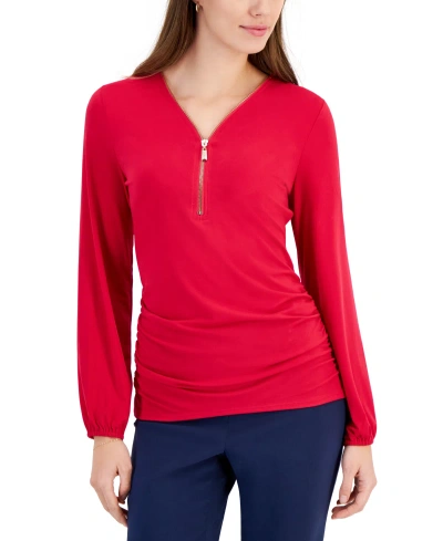 Jm Collection Women's Zip V-neck Ruched Front Top, Created For Macy's In Claret Rose