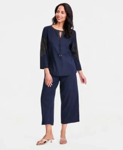 Jm Collection Womens Beaded Split Neck Top Cropped Drawstring Wide Leg Pants Macys Exclusive In Blue