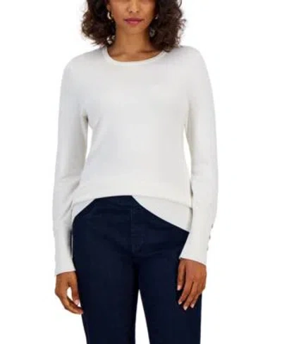 Jm Collection Womens Button Sleeve Crewneck Sweater Created For Macys In White