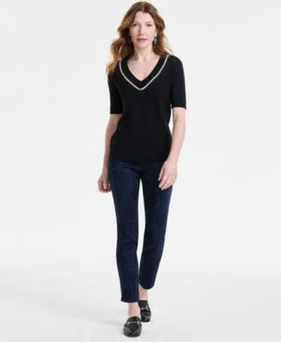 Jm Collection Womens Embellished Elbow Sleeve Sweater Jacquard Slim Pants Exclusively At Macys In Neo Natural