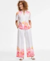 Jm Collection Womens Floral Linen Short Sleeve Top Floral Linen Wide Leg Pants Exclusively At Macys In White