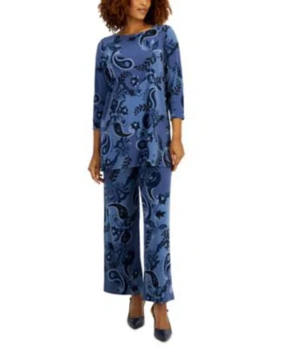 Jm Collection Womens Intrepid Blue Garden Top Pants Created For Macys In Claret Rose Combo