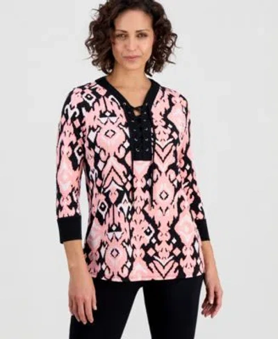 Jm Collection Womens Lace Up 3 4 Sleeve Printed Top Created For Macys In Black