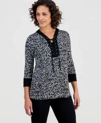 Jm Collection Womens Lace Up 3 4 Sleeve Printed Top Created For Macys In Black