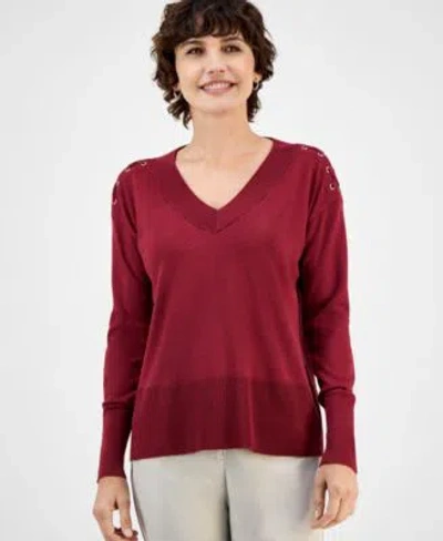 Jm Collection Womens Lace Up Shoulder V Neck Sweater Exclusively At Macys In Deep Black