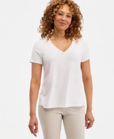 Jm Collection Womens Laced Grommet Trim V Neck Top Macys Exclusive In White