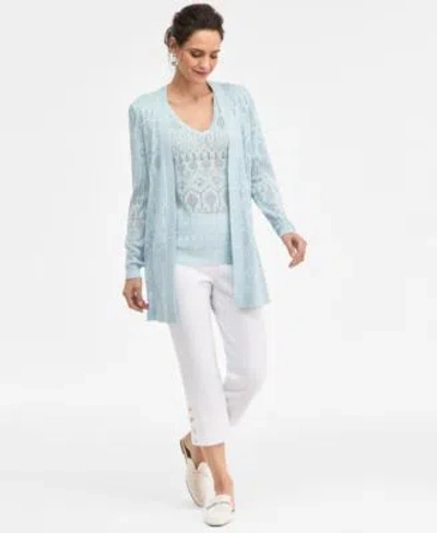 Jm Collection Womens Pointelle Open Front Cardigan Short Sleeve Pointelle V Neck Sweater Side Button Pull On Capri In Blue