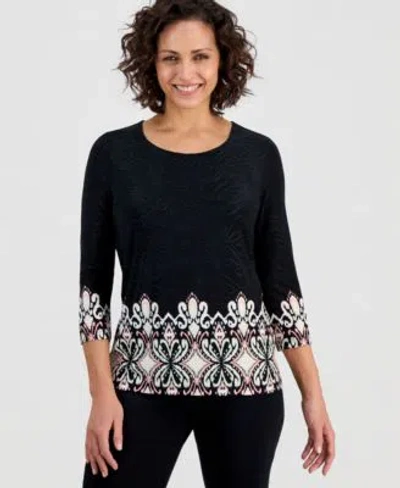 Jm Collection Womens Printed 3 4 Sleeve Scoop Neck Jacquard Top Macys Exclusive In Black