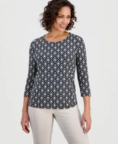 Jm Collection Womens Printed 3 4 Sleeve Scoop Neck Jacquard Top Macys Exclusive In Blue