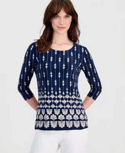 Jm Collection Womens Printed 3 4 Sleeve Scoop Neck Jacquard Top Macys Exclusive In Blue