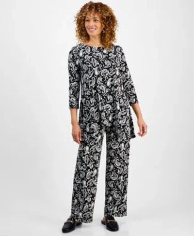 Jm Collection Womens Printed 3 4 Sleeve Swing Top Pull On Pants In Multi