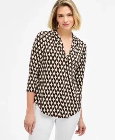 Jm Collection Womens Printed 3 4 Sleeve V Neck Knit Top Macys Exclusive In Brown