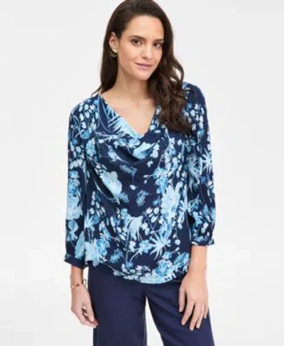 Jm Collection Womens Printed Cowl Neck 3 4 Sleeve Top Macys Exclusive In Blue