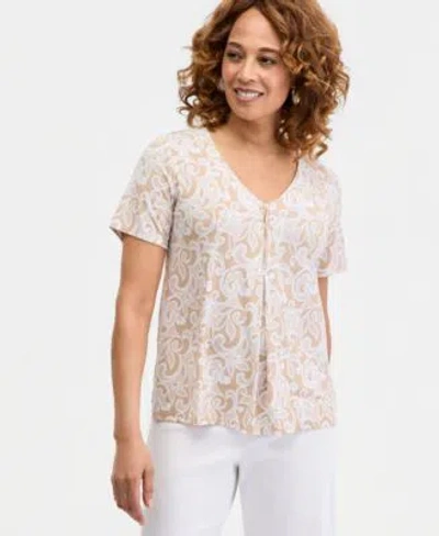 Jm Collection Womens Printed Front Zipper V Neck Top Macys Exclusive In Blue
