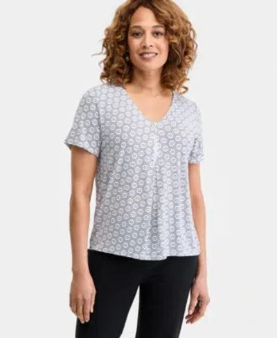 Jm Collection Womens Printed Front Zipper V Neck Top Macys Exclusive In Blue