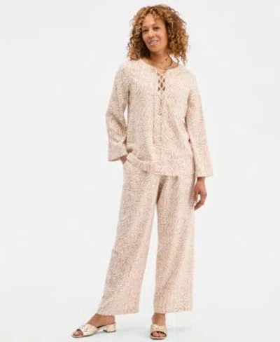 Jm Collection Womens Printed Lace Up Linen Blend Top Pull On Pants Macys Exclusive In Neutral