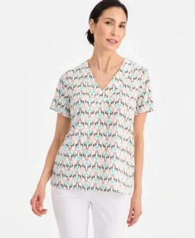Jm Collection Womens Printed Short Sleeve V Neck Jacquard Top Macys Exclusive In White