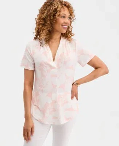 Jm Collection Womens Printed Short Sleeve V Neck Knit Top Macys Exclusive In Pink
