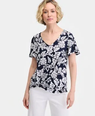 Jm Collection Womens Printed Short Sleeve V Neck Twist Front Top Macys Exclusive In Black