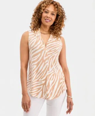 Jm Collection Womens Printed Sleeveless V Neck Knit Top Macys Exclusive In Natural Camel