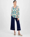 Jm Collection Plus Size Ladder Trim Printed Mixed Media Top Pull On Capri Pants Exclusively At Macys