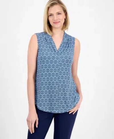 Jm Collection Womens Printed V Neck Sleeveless Knit Blouse Xs Pxl In Blue