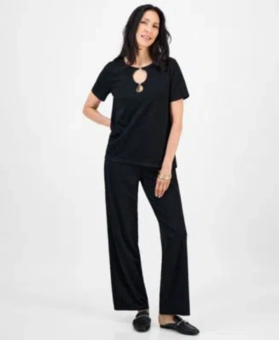 Jm Collection Womens Ring Detail Top Textured Knit Pants In Black